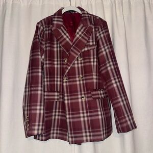 Never worn! Tailored Double-Breasted Burgundy Plaid Blazer
